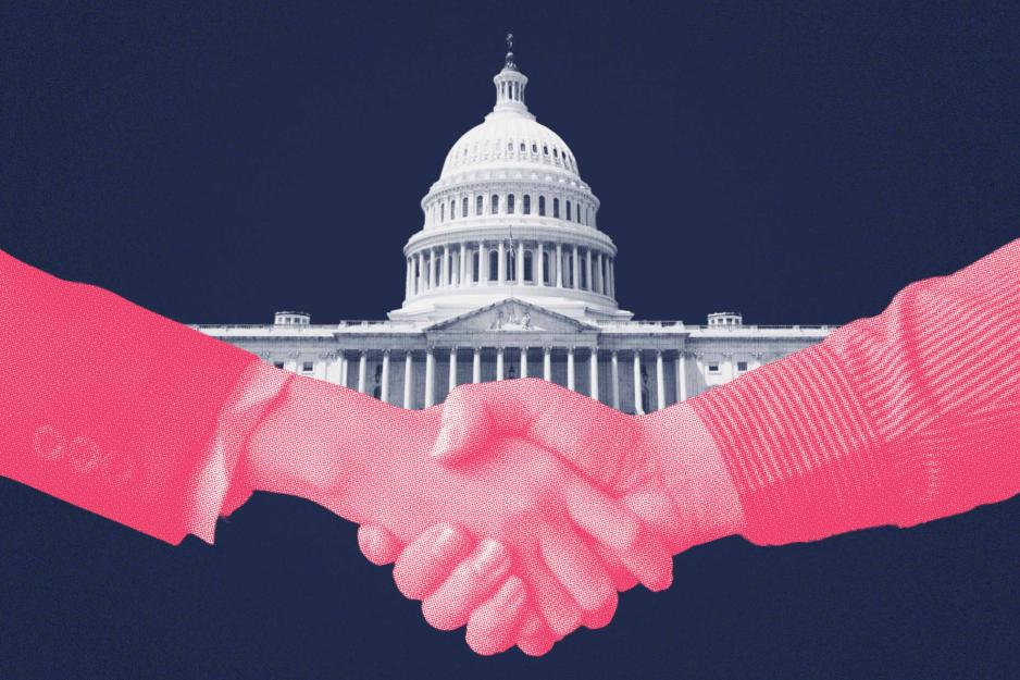 Illustration of shaking hands infront of the capitol building