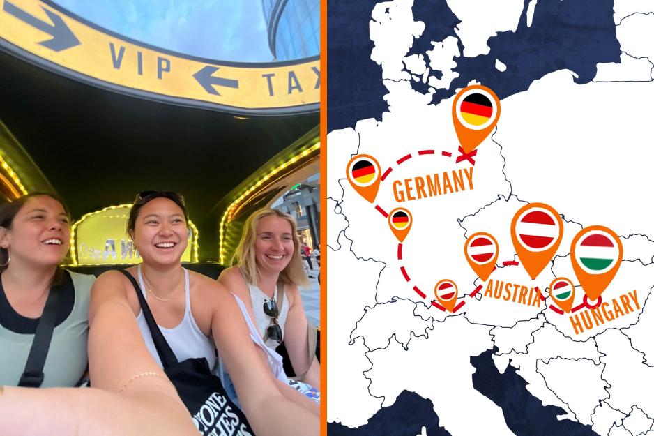 Khuyen Dinh in the back of a taxi, left, map of Europe showing where they stopped in Hungary, Austria and Germany, right