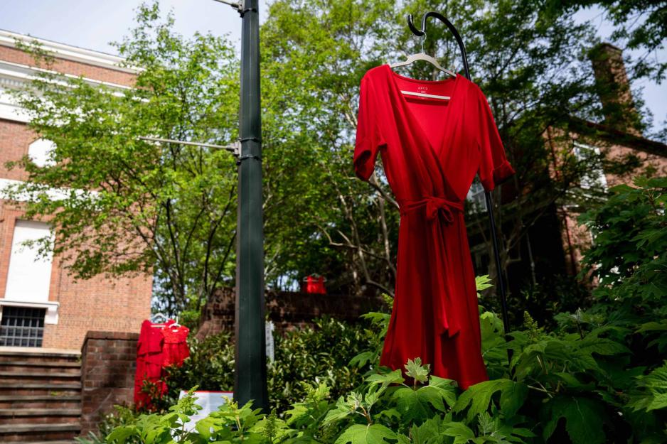 A red dress hangs outside and blows in the breeze 