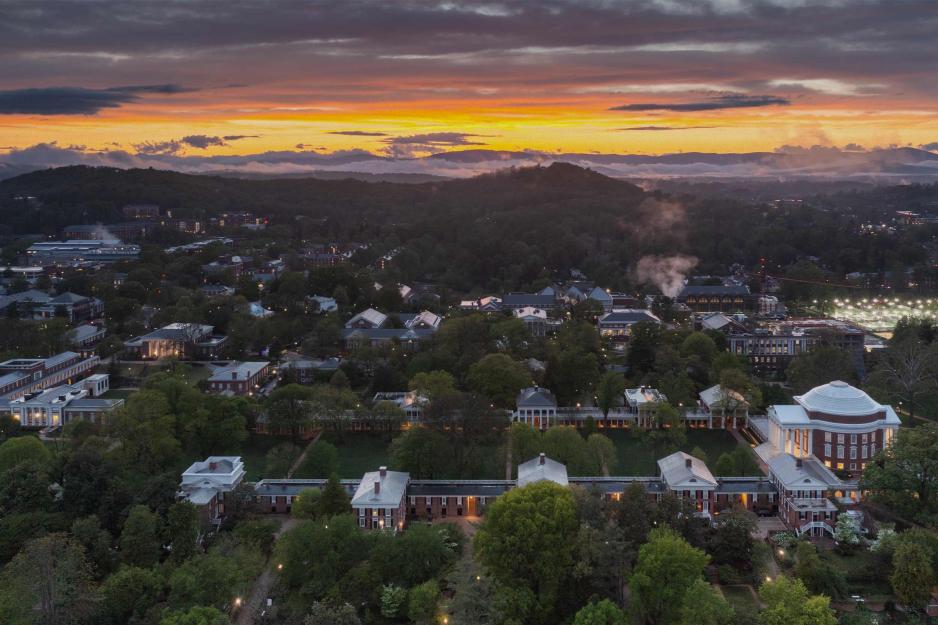 Aerial view of the Rotunda and the Lawn at sunset