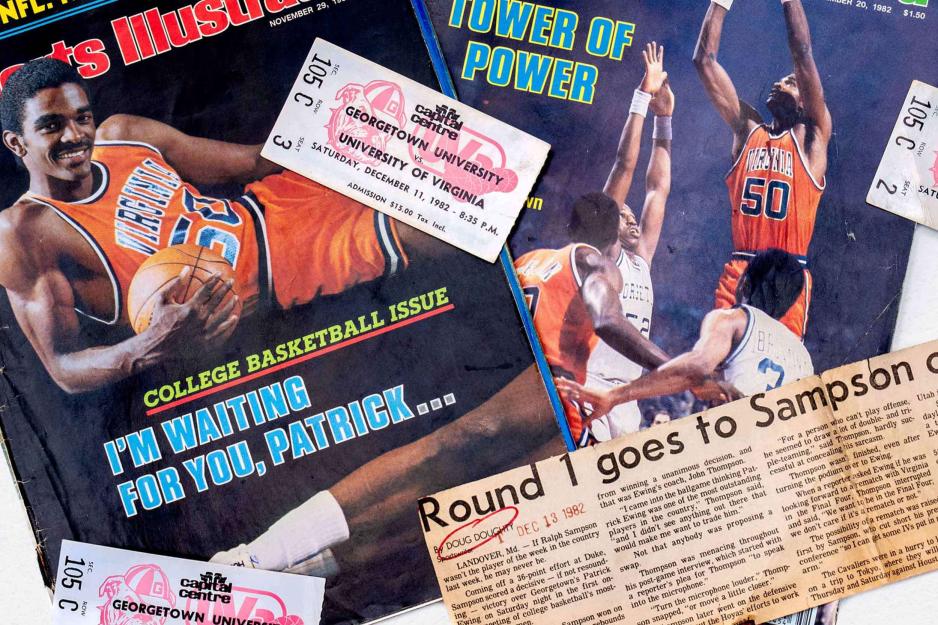 Collage of old newspapers and magazines of the UVA Georgetown game