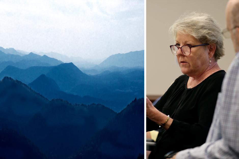 The blue ridge mountains on the left part of the article header with a portrait of Deirdre Enright on the right side