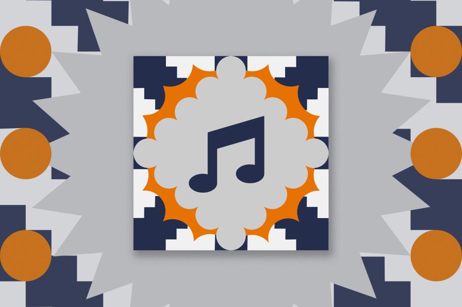 Illustration of Blue, orange, and white shapes with a music icon in the middle