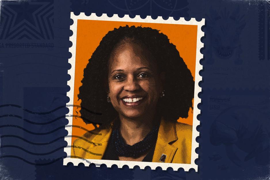 A Photo illustration of UVA alumna Lisa Bobb-Semple on a stamp