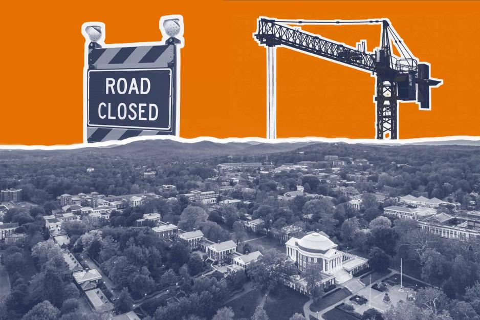 Construction crane and road closed sign overlooking UVA in a graphic
