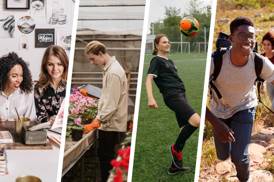 A collage of four portraits; left most image of two people at a desk, a person handling flowers, someone juggling a soccer ball and someone on a hike