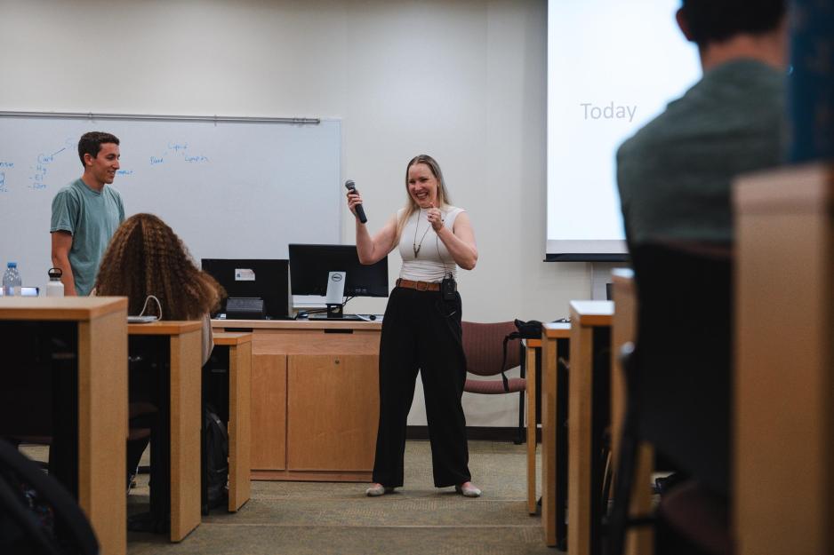Sylvia Tidey actively teaching a class