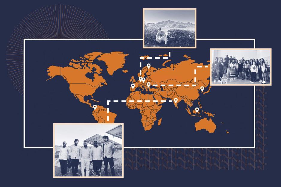 A collage of images pinned on a map in UVA branded blue and orange 
