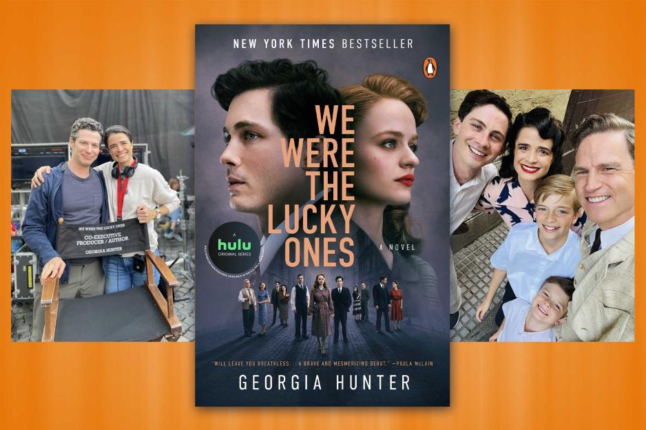 A collage of Georgia Hunter, left, bestselling author of “We Were the Lucky Ones,” stands behind her co-producer’s chair with Thomas Kail, who directed the Hulu series based on her book. Hunter and her husband, Robert Farinholt, seen to the left of the series poster with show leads Logan Lerman and Joey King, made a cameo appearance in the season finale with their sons Wyatt and Ransom