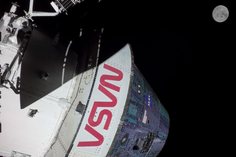 Close up of the Artemis capsule in outer space approaching the moon