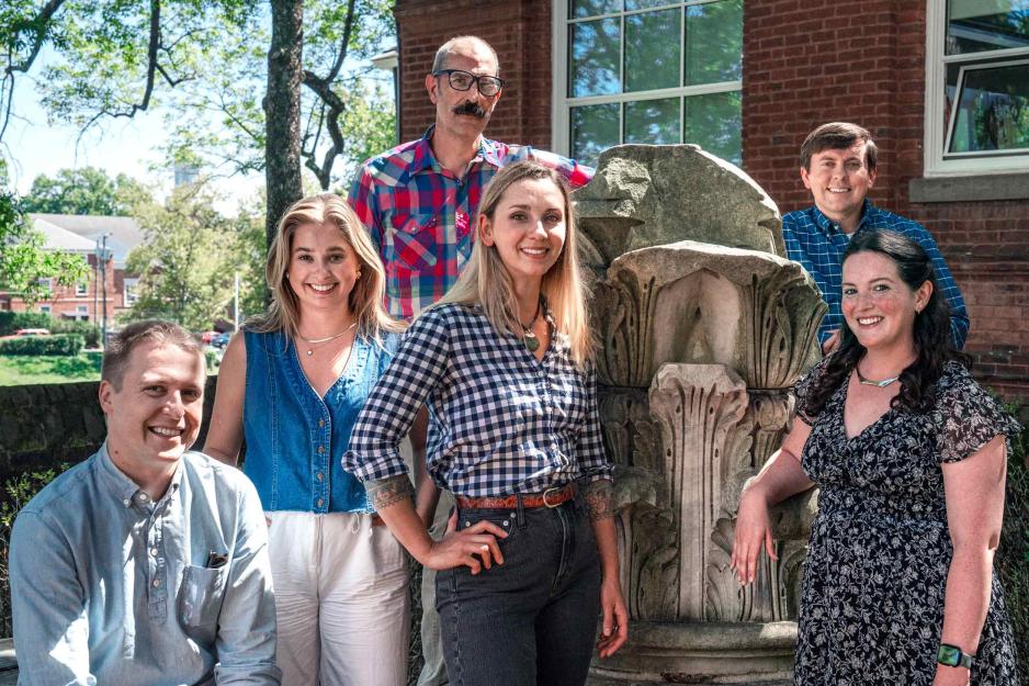Group portrait of, left to right, Johnny Utterback, Erin Edgerton, Mitch Powers, Alexandra Angelich, Tim Robinson and Bethanie Glover