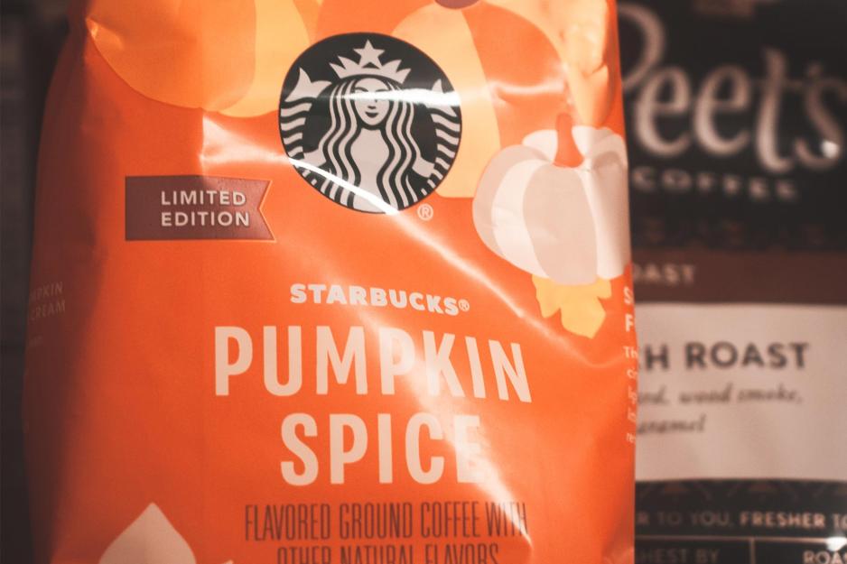 A bag of pumpkin spice coffe at the grocery store.