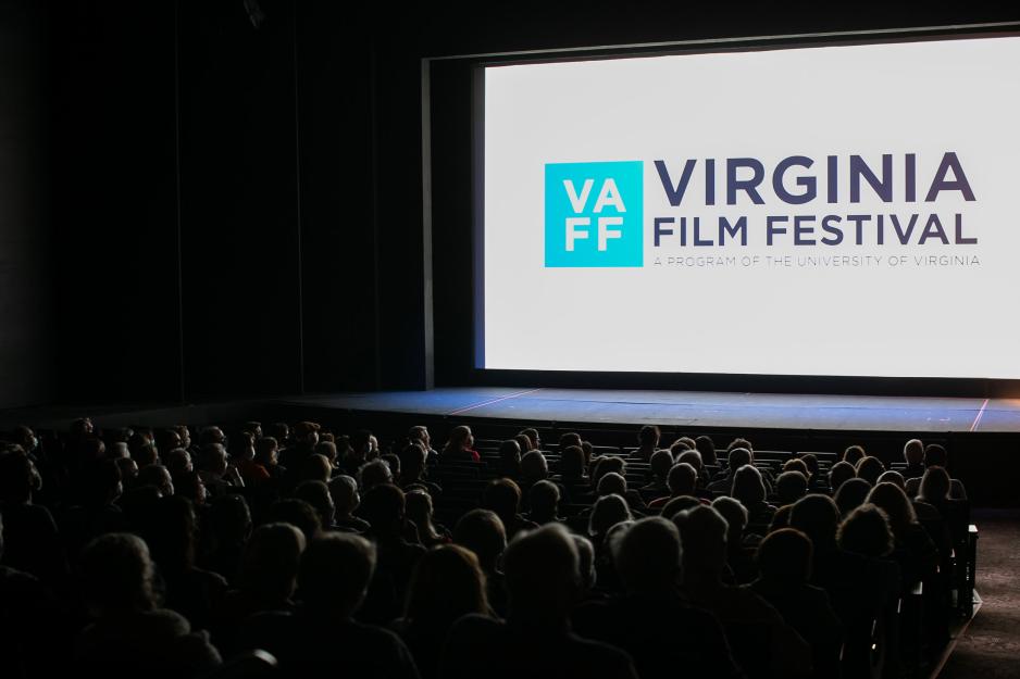 Crowd watching a screen that says Virginia Film Festival