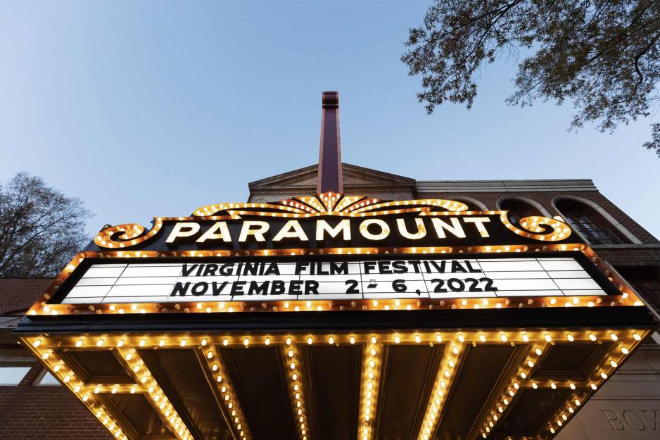 Paramount Theatre outside Marque board that reads, Virginia Film Festival November 1-6, 2022