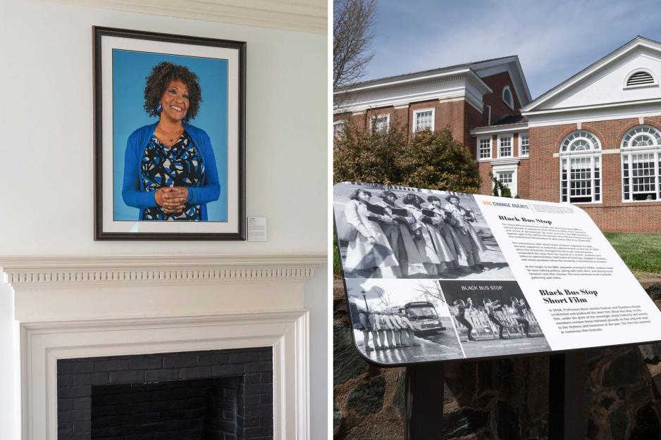 New portrait of Rita Dove and outside photo of the new plaque near Monroe Hall.