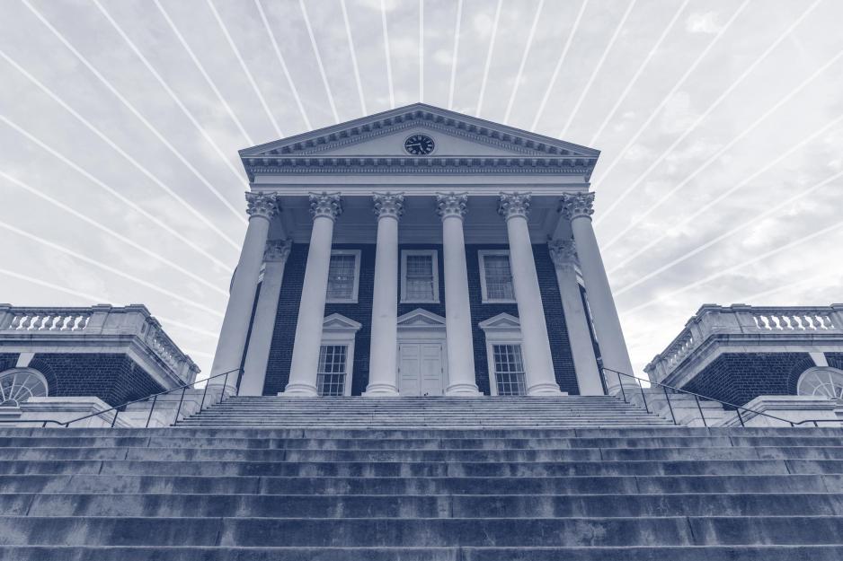 The UVA Rotunda colored in blue and white, with white lines radiating from behind
