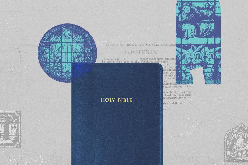 Illustration of the Bible, Jesus in a window, and faint text of Genesis Chapter 1