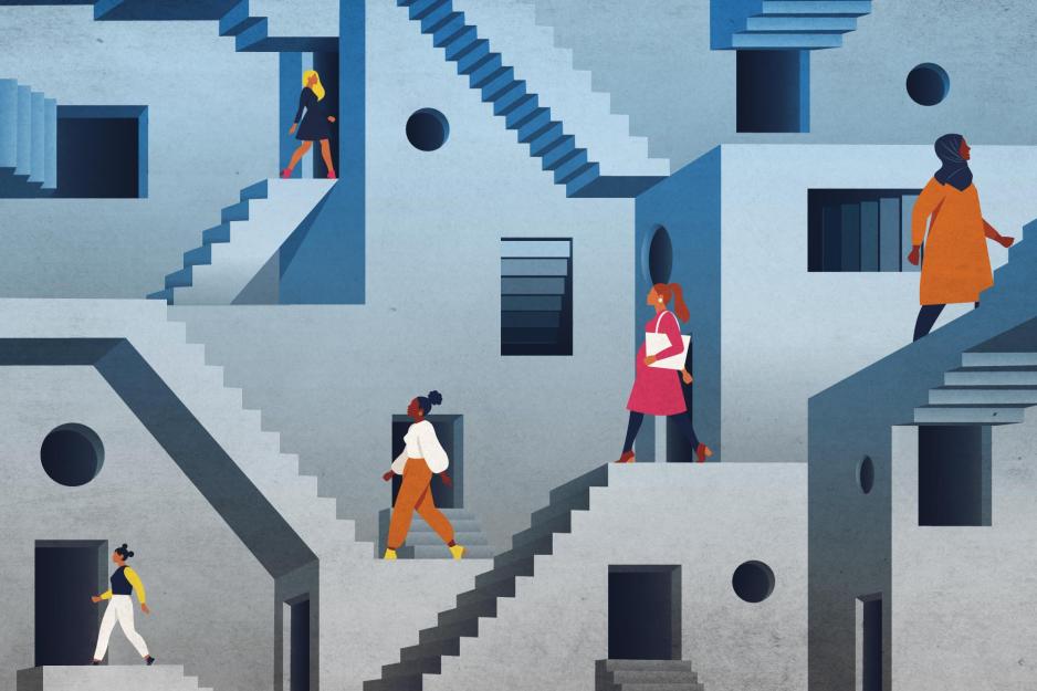 Illustration of women walking up and down disparate staircases on multiple levels
