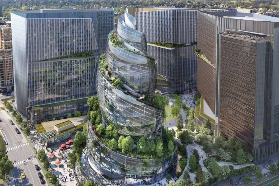 Vertical Glass Spiraled building with trees between each spiral