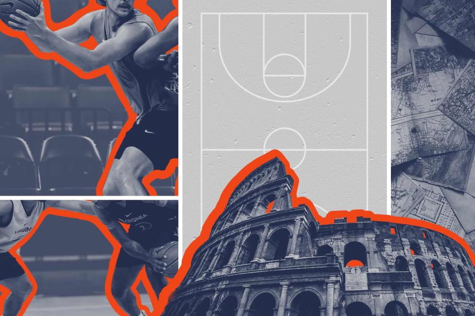 Basketball players on the court, the Roman Coliseum, vintage maps and books