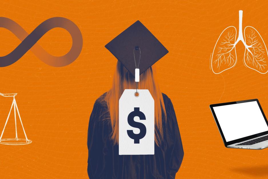 Collage of imagery from the stories in this seies including an infinity spectrum, scales, lungs, a laptop, and a graduating student overlayed by a dollar sign