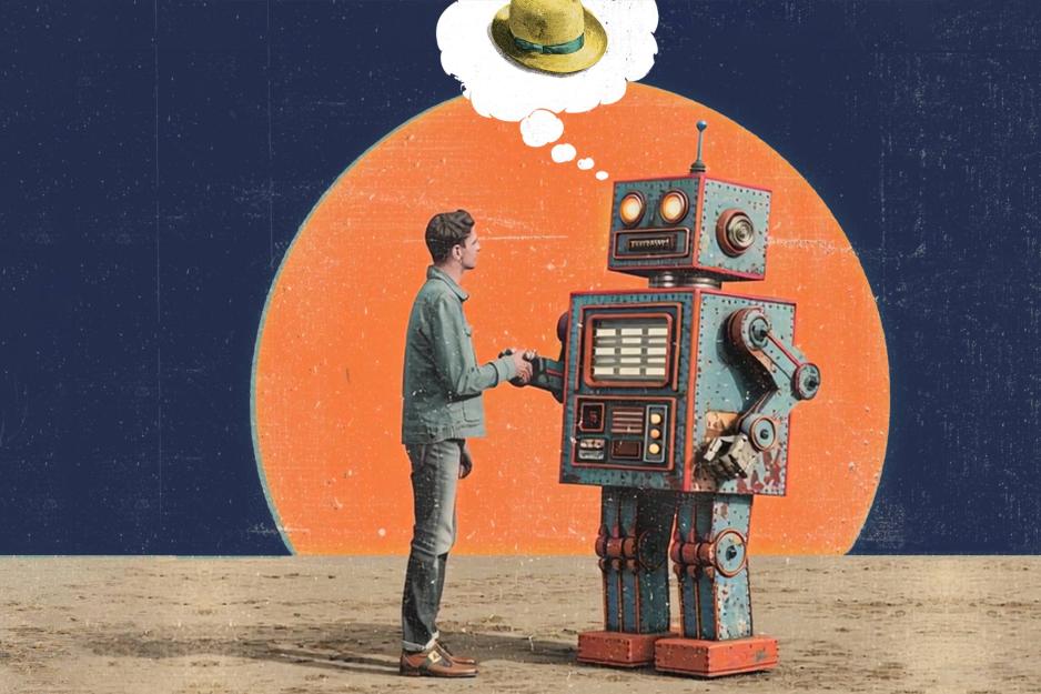 illustration of a man shaking hands with a 1950's style robot for style suggestions and the robot recommends a fedora