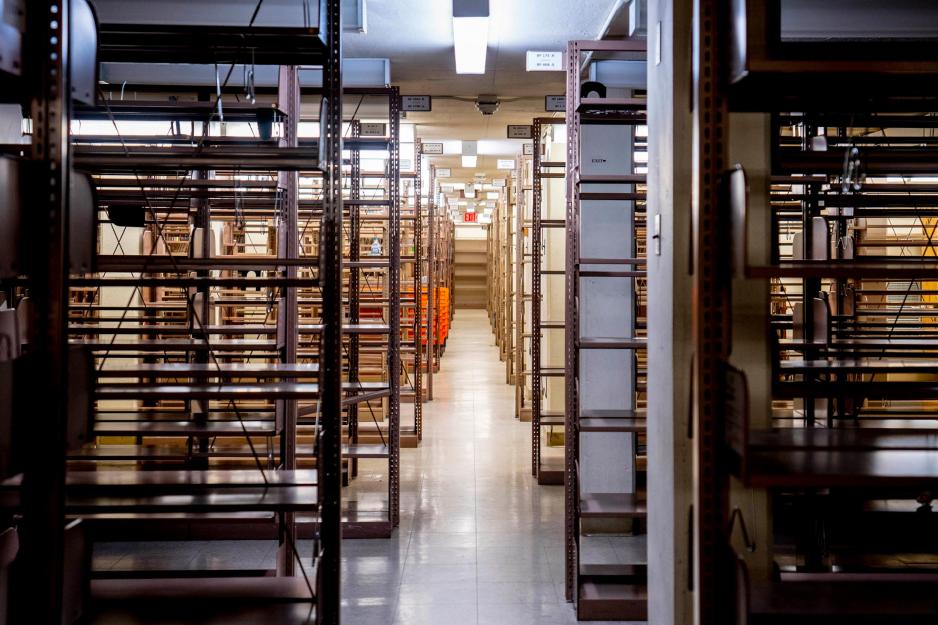 emptied book shelves in Alderman Library