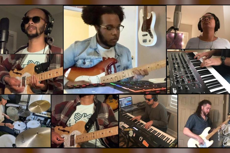 Collage of musicians playing their instruments