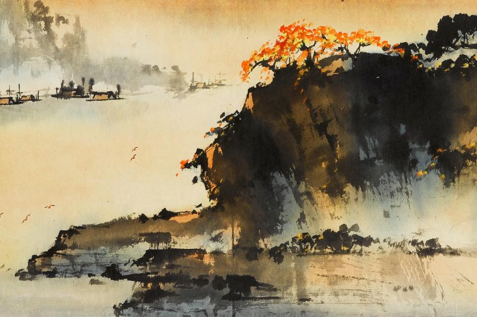 Abstract painting of a mountain with orange trees on top next to a river with villages seen down the river