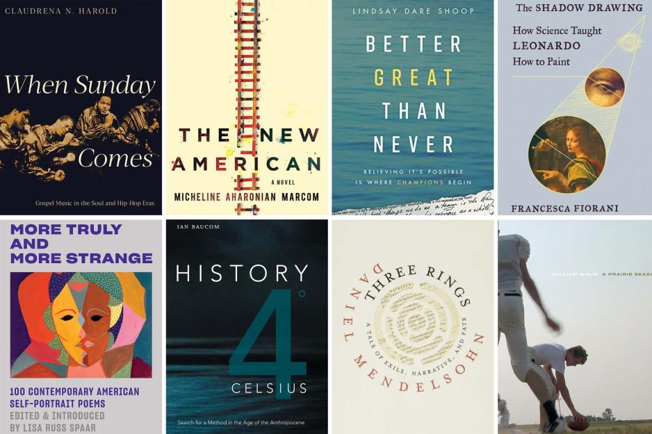 Multiple book covers from left to right(top then bottom): When Sunday Comes, The New American, Better Great than never, The Shadow Drawing How science taught Leonardo How to paint, More Truly and more Strange, History 4 Celsius, thre rings, and a prairie search 