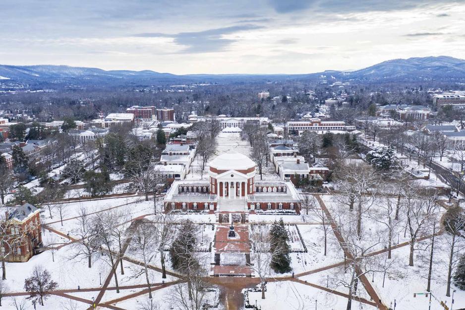 Arial view of a snow covered Rotunda