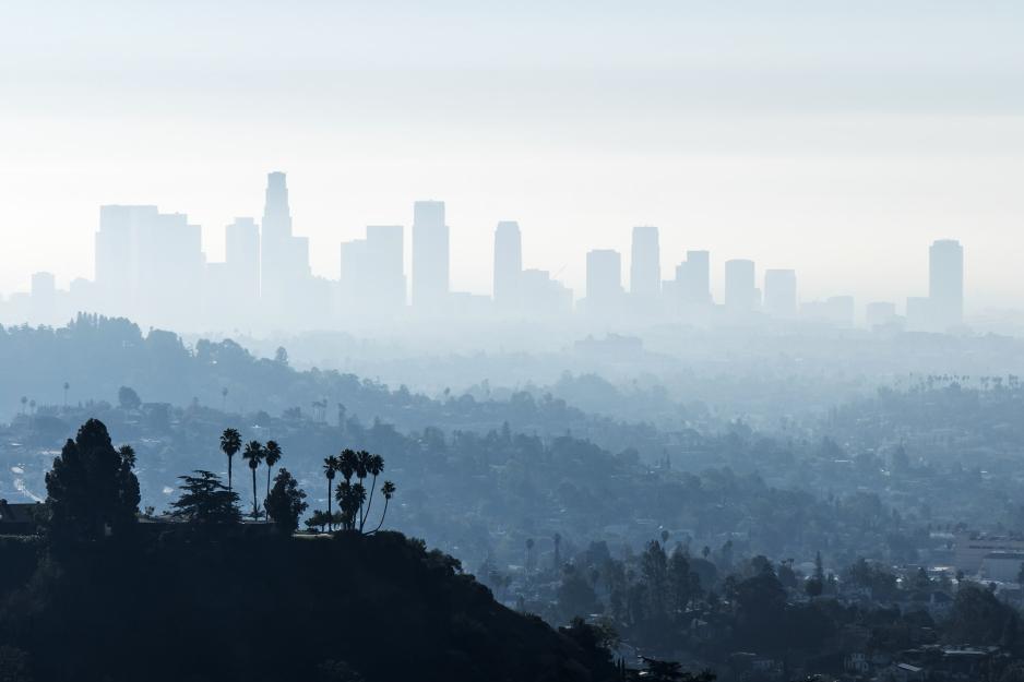 City skyline in the fog