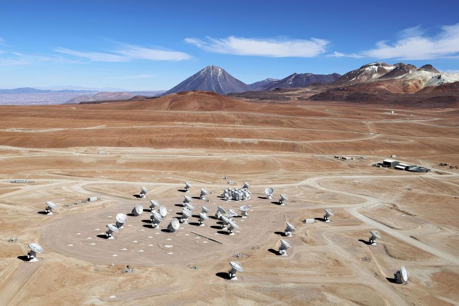 aerial view of the Chajnantor Plateau, with satellites 
