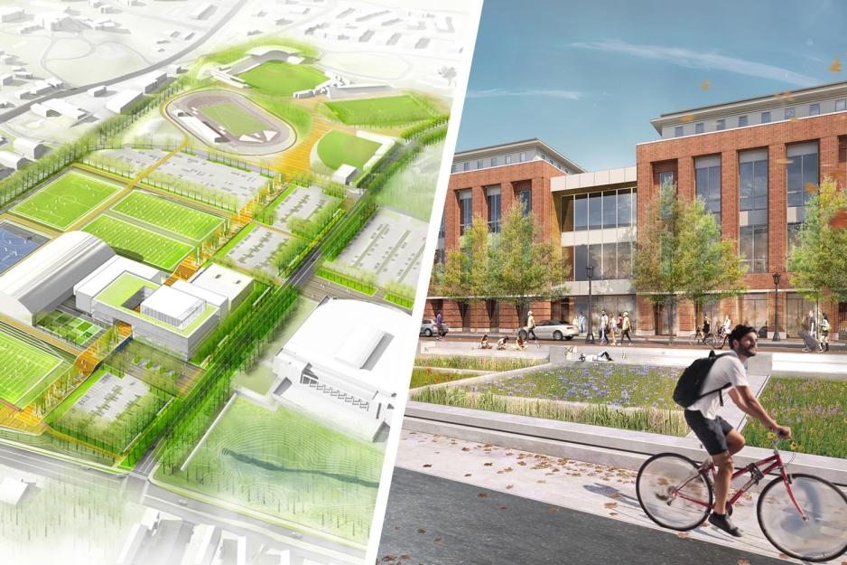 Left: digital drawing of the Athletics Master Plan Right: digital drawing of the new Student Health and Wellness Center will include numerous health care services, a traveler’s clinic, a retail pharmacy and other resources. 
