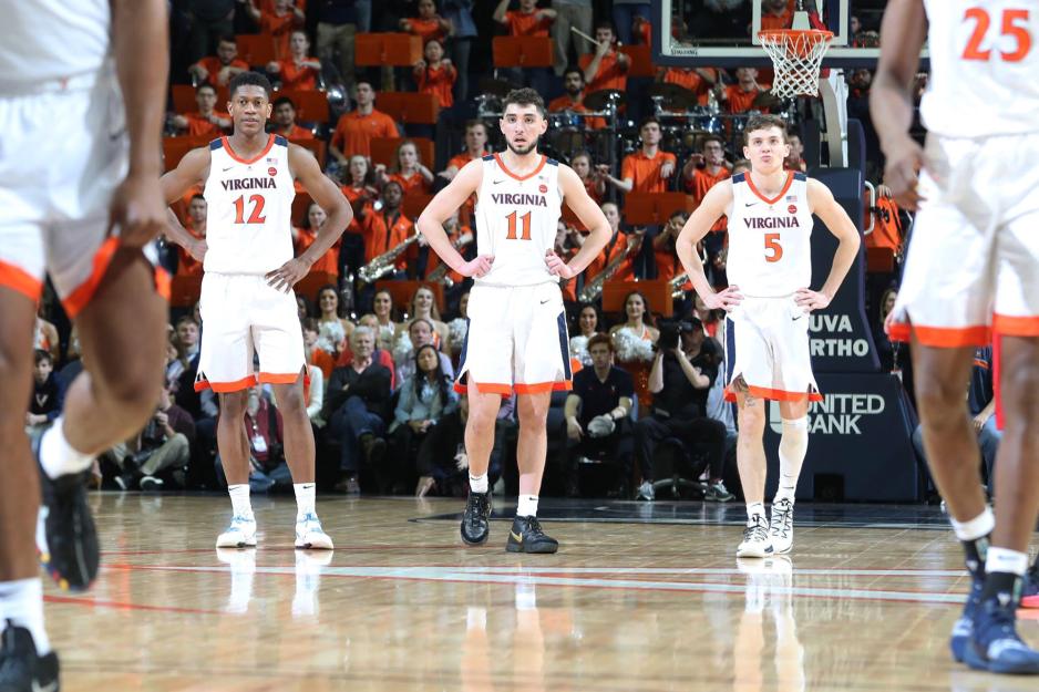 UVA basketball team walking down the court during a game