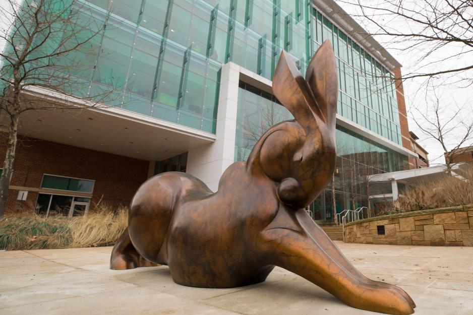 Stretching bunny sculpture outside of the Battle building