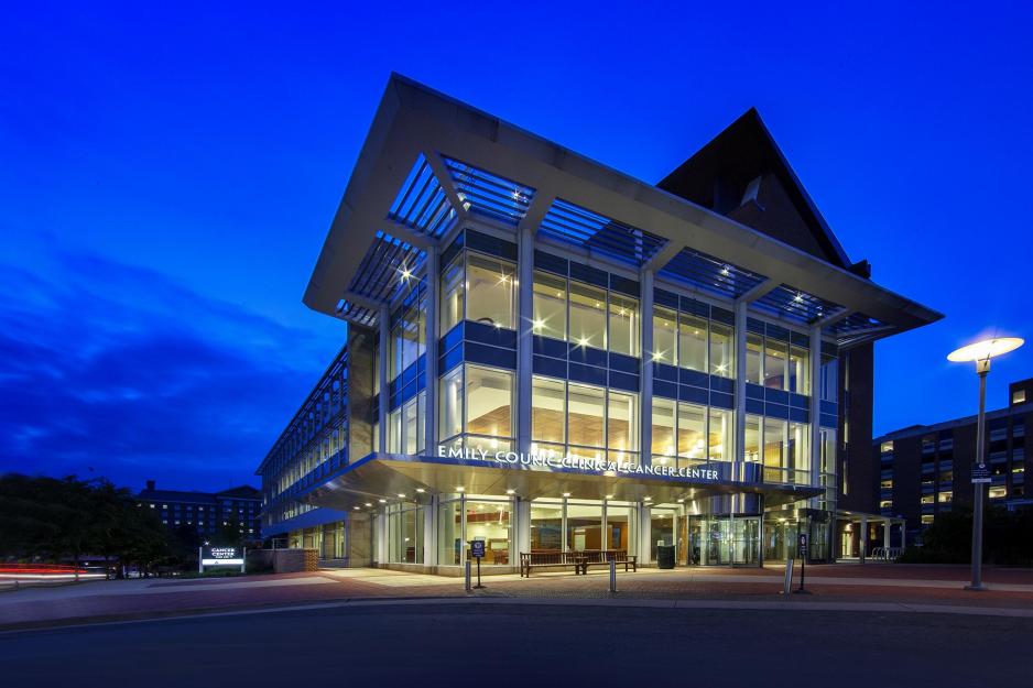 Emily Couric Cancer Center at night lit up