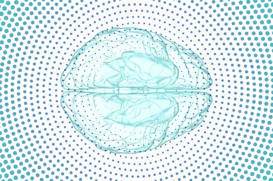 Illustration of brain on a background of dots that are small in the middle and get bigger as it gets closer to the edge of the image