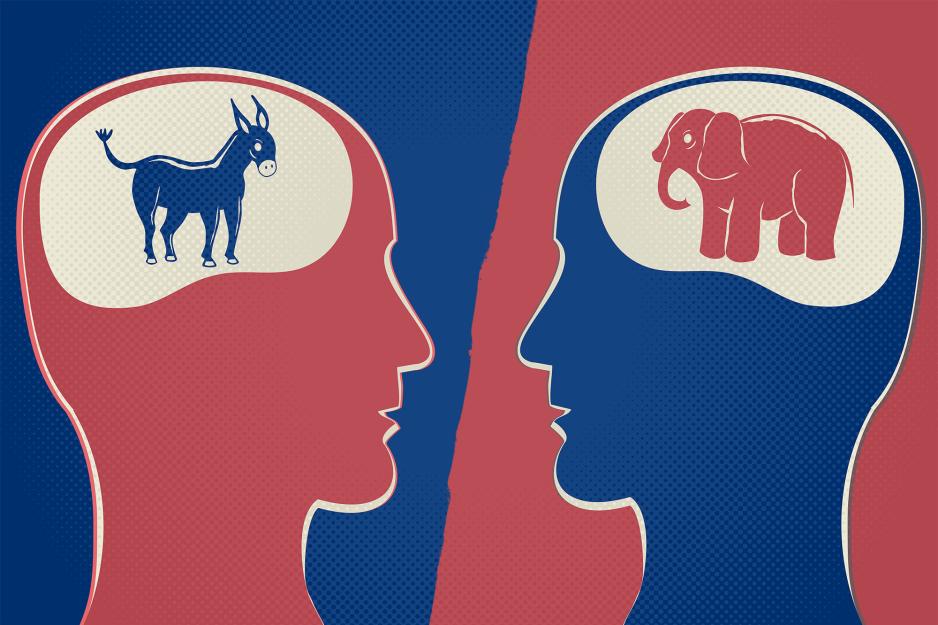  Left: Illustration of a person in red with a Donkey in their brain  Right: Illustration of a person in Blue with an elephant in their brain