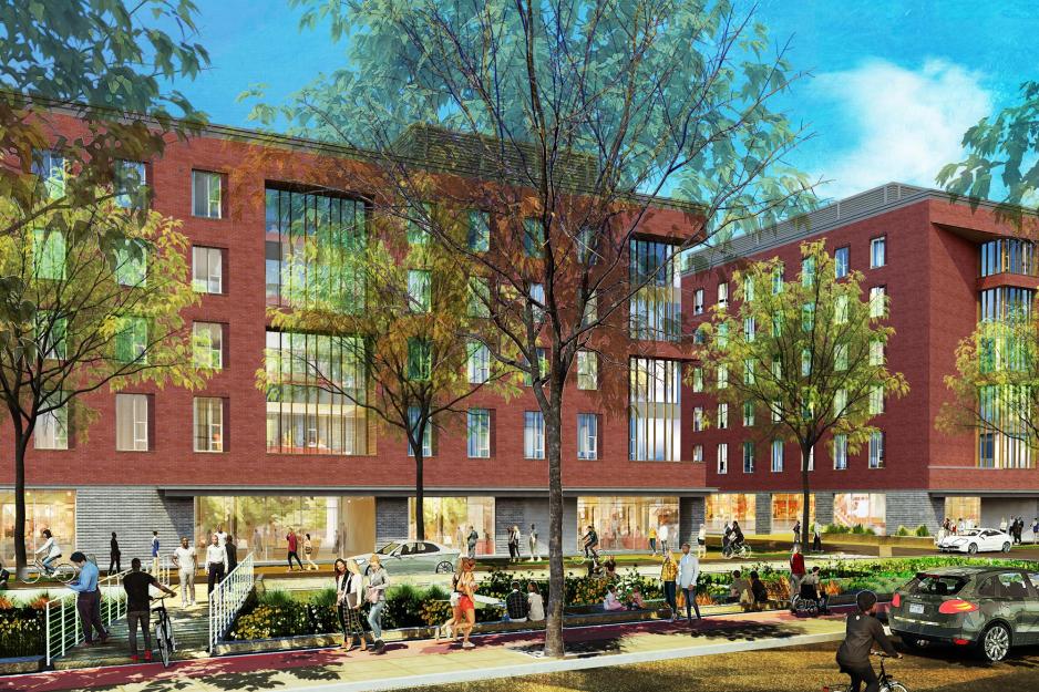 An architect’s rendering of a planned brick student housing project