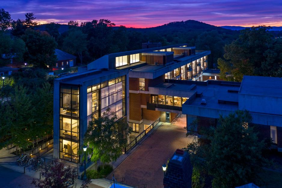 Cambell Hall lit up with lights at night time