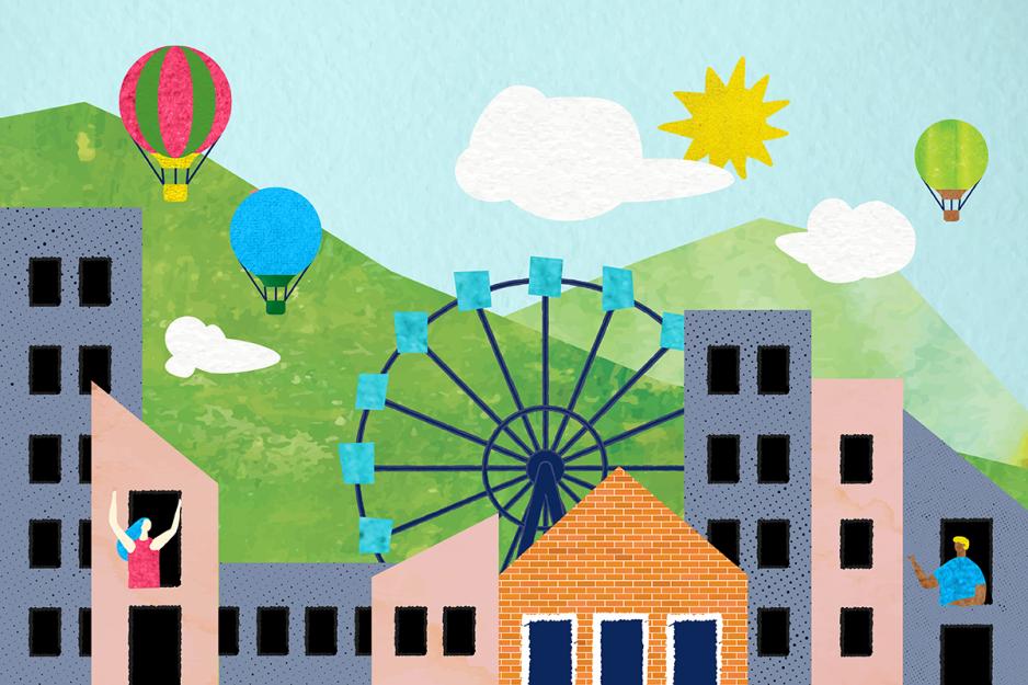 Illustration of a cityscape with hot air balloons, clouds, ferris wheel, and a woman and a man waiving out of building windows