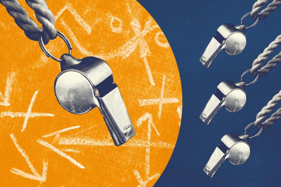left: metal whistle on a rope with an orange background.  Right: three metal whistles line the the right side all on their own rope