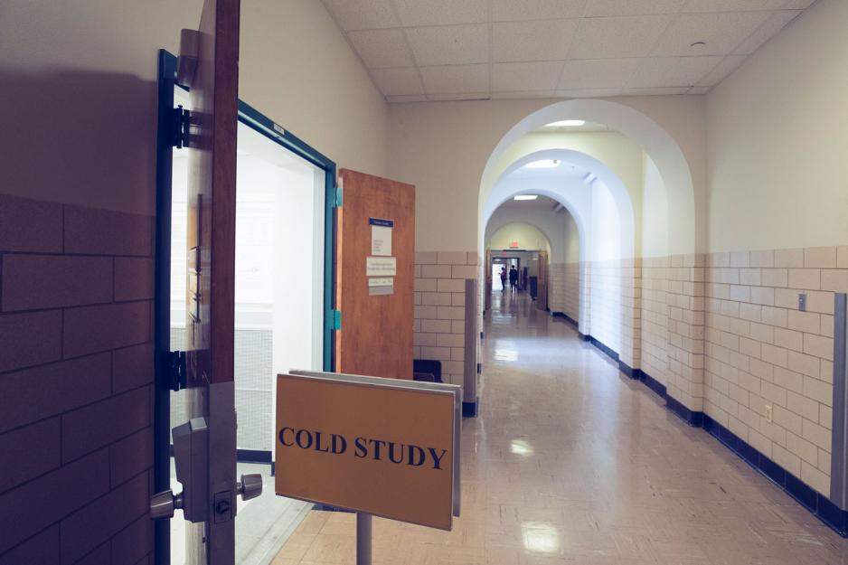 UVA hallway with a sign that says Cold Study