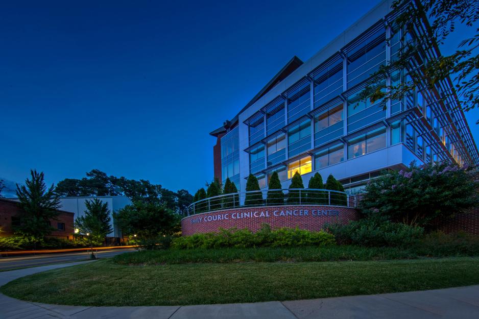 Emily Couric Cancer Center at night lit up