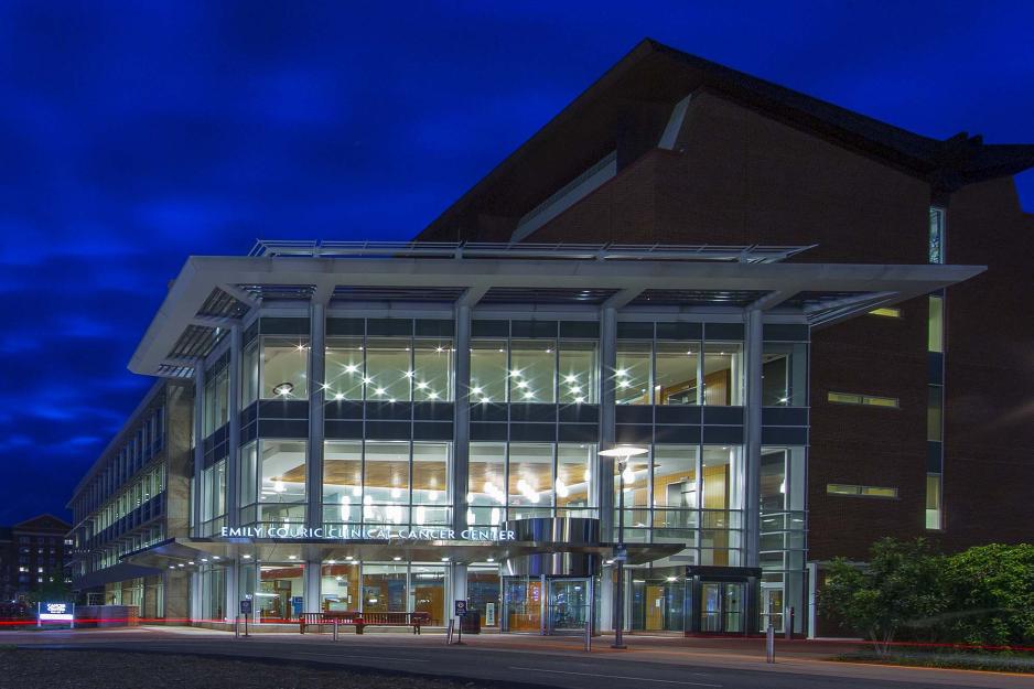 Emily Couric Cancer Center at night lit up