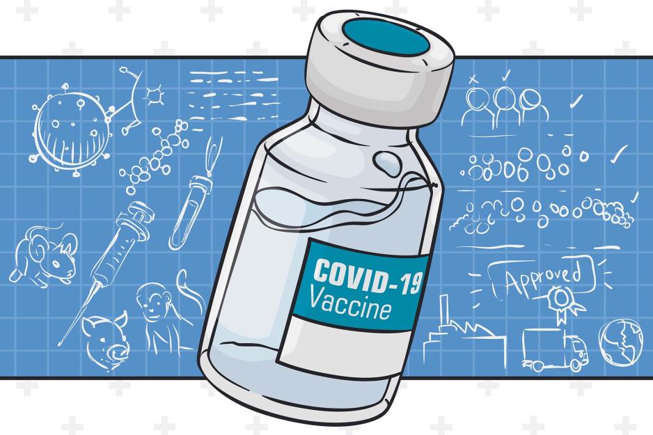 Illustration of a chalk board with drawings and in front a big covid-19 vaccine vial