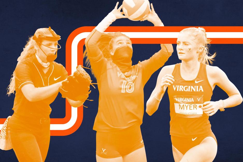 Collage of Softball pitcher, Volleyball player, and track and field runner