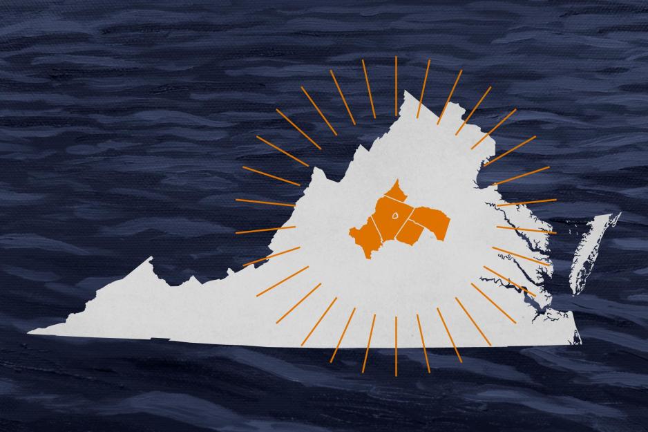 Illustration of a white colored virginia with 5 counties in orange with straight lines in a circle around those counties