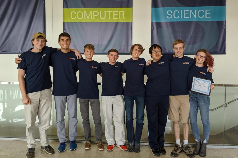 The UVA Cyber Defense Team group photo from left, William Tonks, Michael Benos, Paul Vann, Jake Smith, Calvin Krist, Daniel Chen, Jack McDowell and Maggie Gates 
